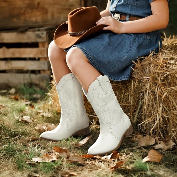 Kids Girls White Cowgirl Western Boots Mid Calf Horse Riding Booties Shoes - Picture 2 of 6